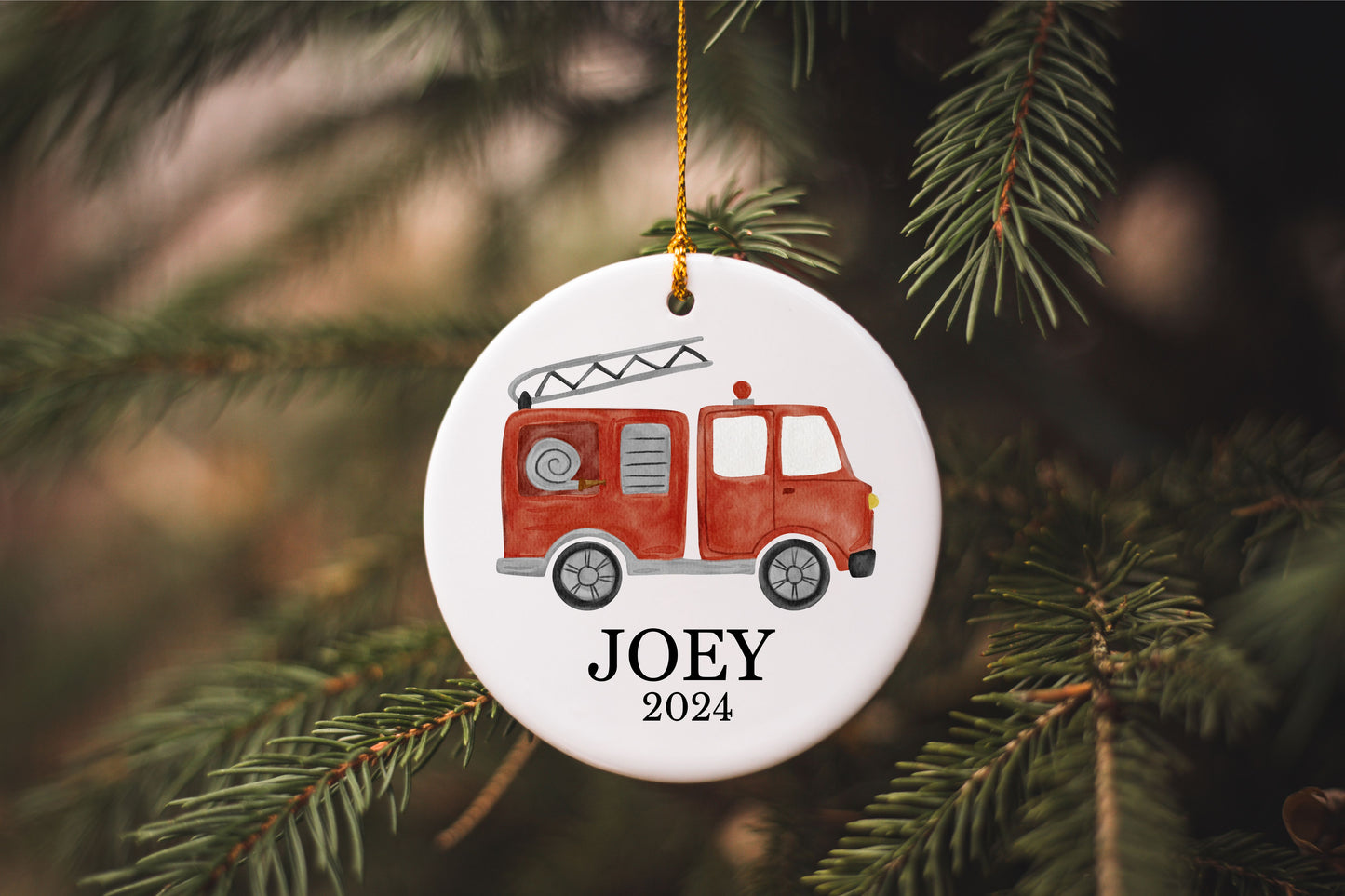 Personalized Watercolor Fire Truck Ornament